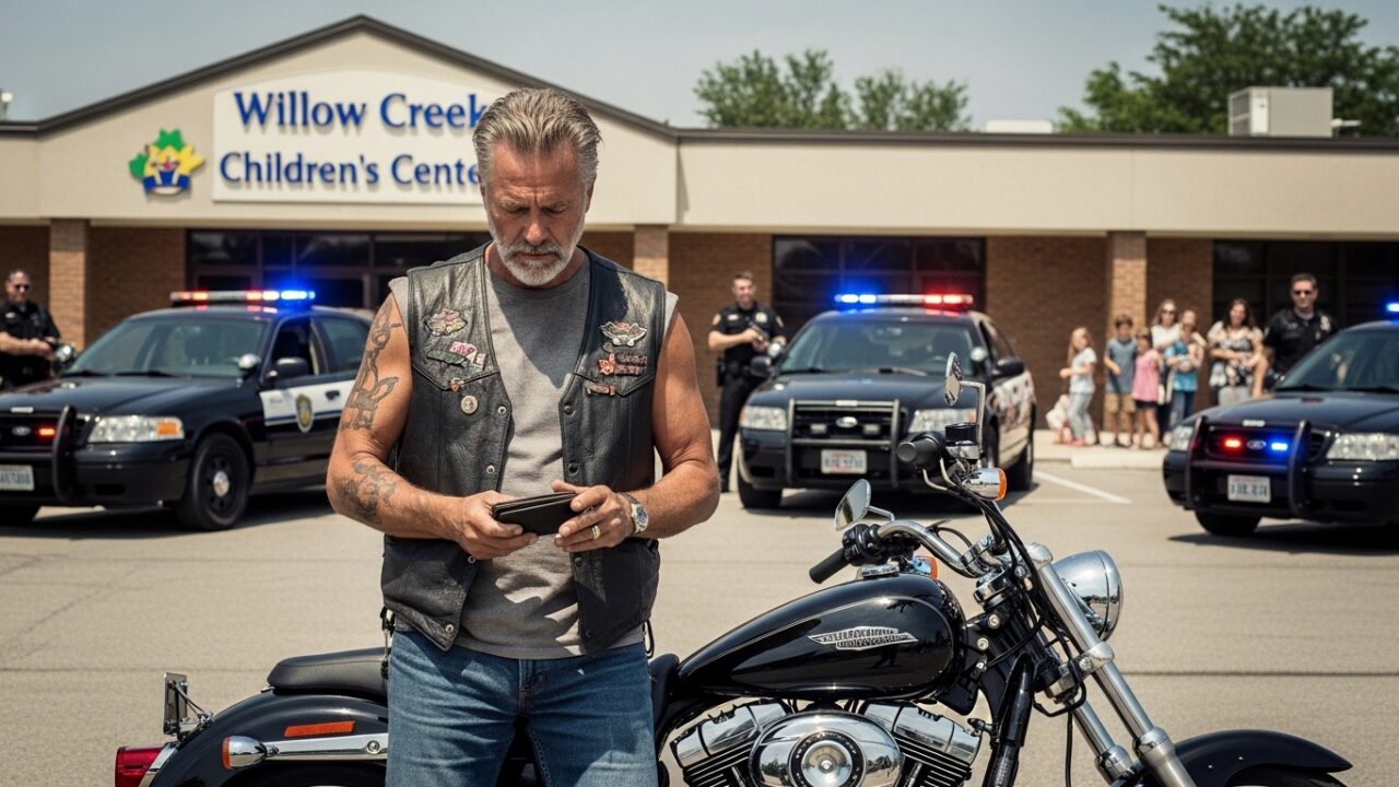 I was the lead officer watching 1 scarred biker approach the preschool gate—then I saw the 6-year-old’s “shaking” hands reach for him and I quietly signaled my team to stand down.
