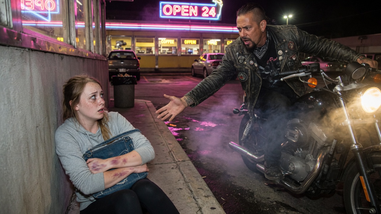 “I Was Stranded At A Neon-Lit Diner At 2 AM, Bleeding And Running For My Life. When The Biker Cornered Me For My Bag, I Knew I Was Out Of Options… But What Happened Next Shattered My Reality.”