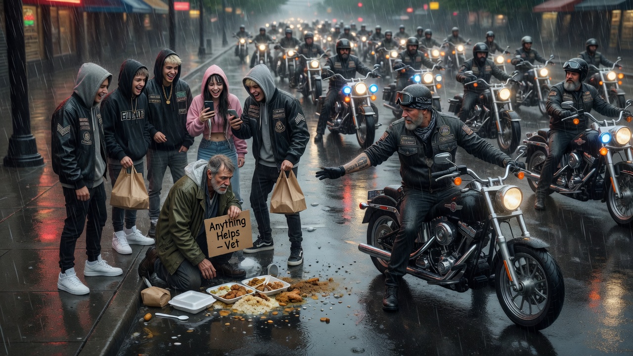 “The Tray Hit The Concrete And The Laughter Started… But When Those Fifty Engines Roared At Once, The Silence Was Deafening. I Was Just A Man In A Leather Vest, Until I Made The Choice To Defend The One Person The World Decided To Forget.”