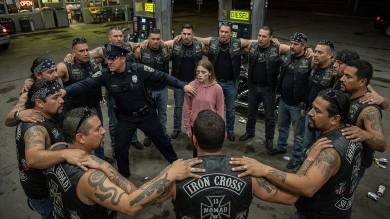 I thought it was just a routine stop at a sketchy highway gas station to grab some terrible coffee. But when I saw what those massive bikers were hiding in the dead center of their silent circle, my badge didn’t matter anymore. My heart stopped cold.