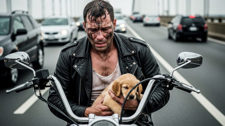 Everyone honked at the “reckless” biker, until they saw what he was shielding in his arms.
