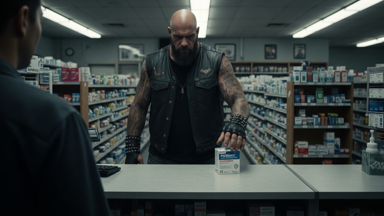 As a corner pharmacist for 15 years, I watched the city’s most feared biker purchase 4 “pediatric IV” tubes—noticing the strange residue on his knuckles, I quietly locked the pharmacy doors and dialed dispatch.