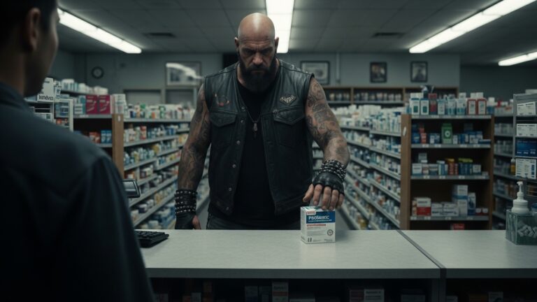 As a corner pharmacist for 15 years, I watched the city’s most feared biker purchase 4 “pediatric IV” tubes—noticing the strange residue on his knuckles, I quietly locked the pharmacy doors and dialed dispatch.