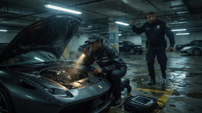 I’ve been a night-shift courier for 9 years, but when the estate guard raised his baton—I heard a “frantic scraping” inside the supercar’s engine block and quietly dropped my scanner.