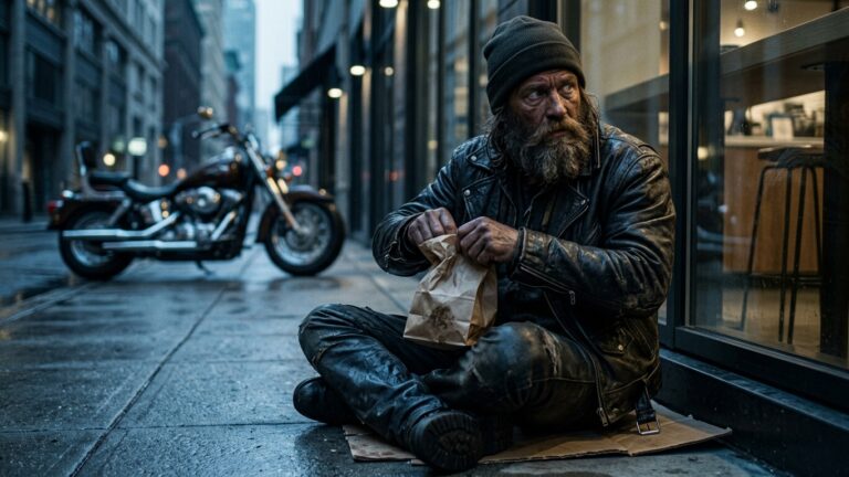 I managed the corner cafe and kicked the same 6-foot homeless biker out for 14 days straight—until I saw the “trembling” shape on the alley camera, and quietly locked the front doors.