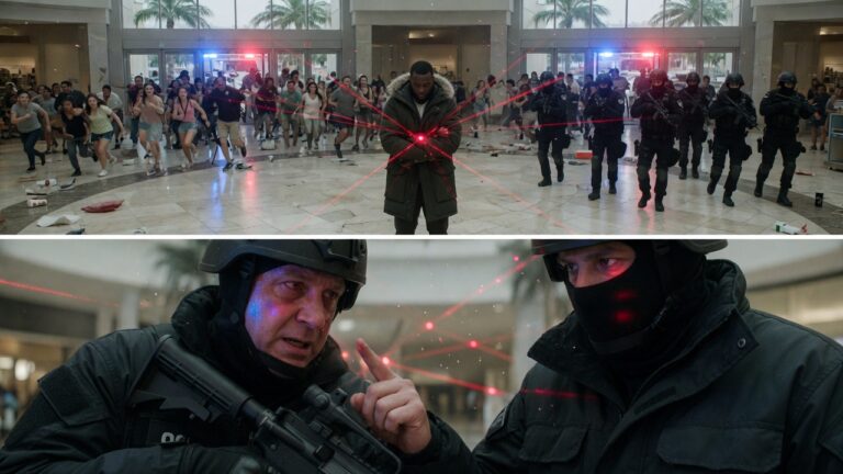 I directed a 12-man SWAT unit cornering a suspect in the crowded mall—but catching a “frantic, rhythmic twitch” vibrating his heavy coat, I quietly lowered my weapon and ordered the snipers to disengage.